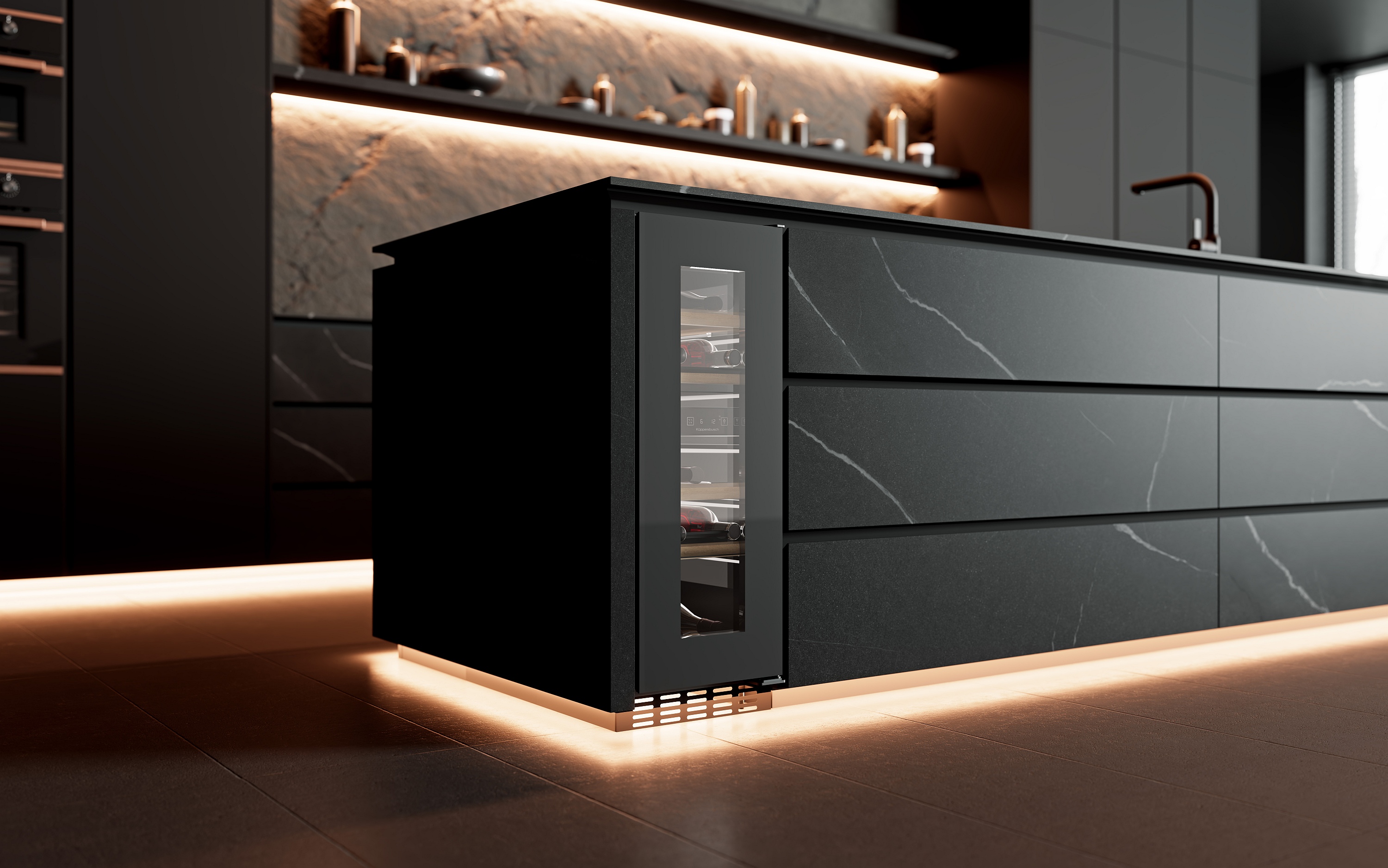 Küppersbusch Individual Einbau-Weinklimaschrank in mattschwarzer Kücheninsel mit Sockelbeleuchtung