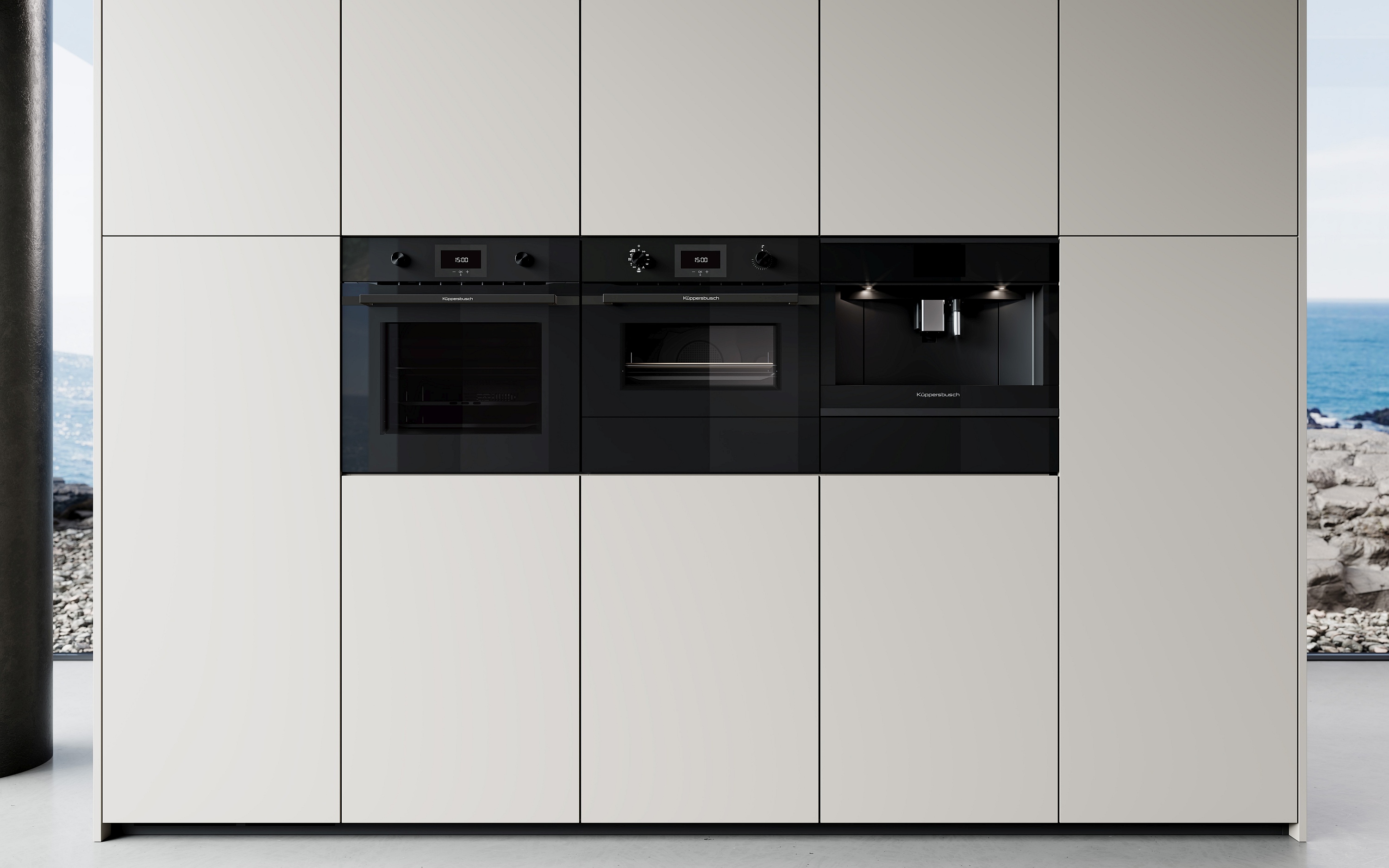 Küppersbusch Individual Black Velvet Einbauofen Kaffeevollautomat Mikrowelle Wärmeschublade nebeneinander grifflose weiße Küchenfronten