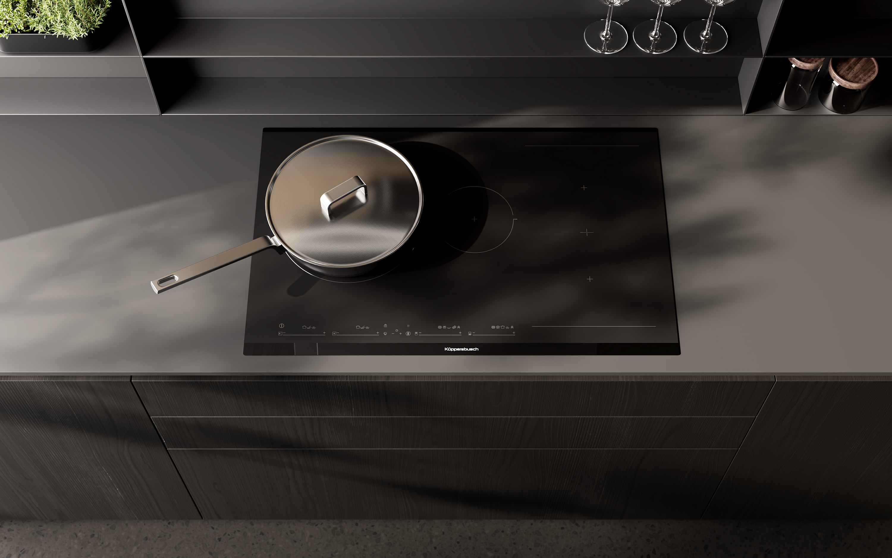 Küppersbusch Induktionskochfeld BlackMatt Design dunkelgraue Steinarbeitsplatte