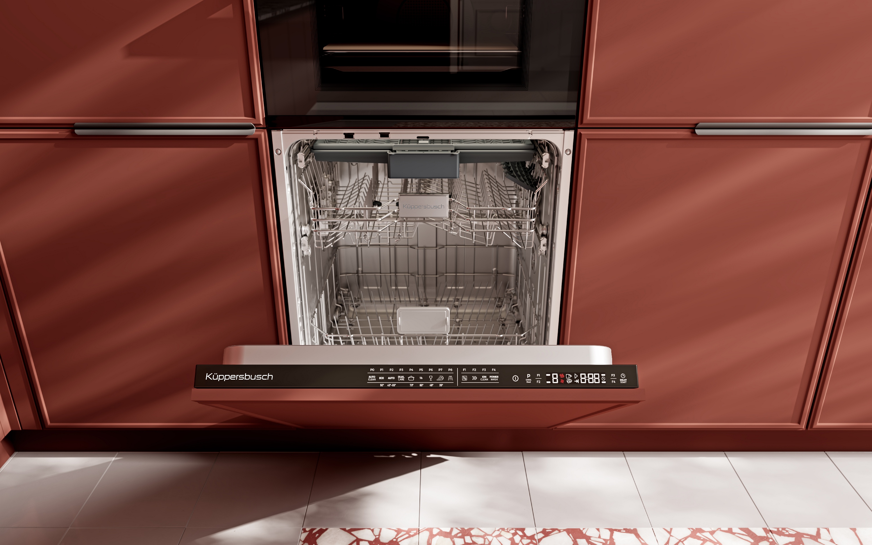 Küppersbusch Black Chrome Geschirrspüler eingebaut in oxidroter Küche mit modernen feinen Rahmenfronten