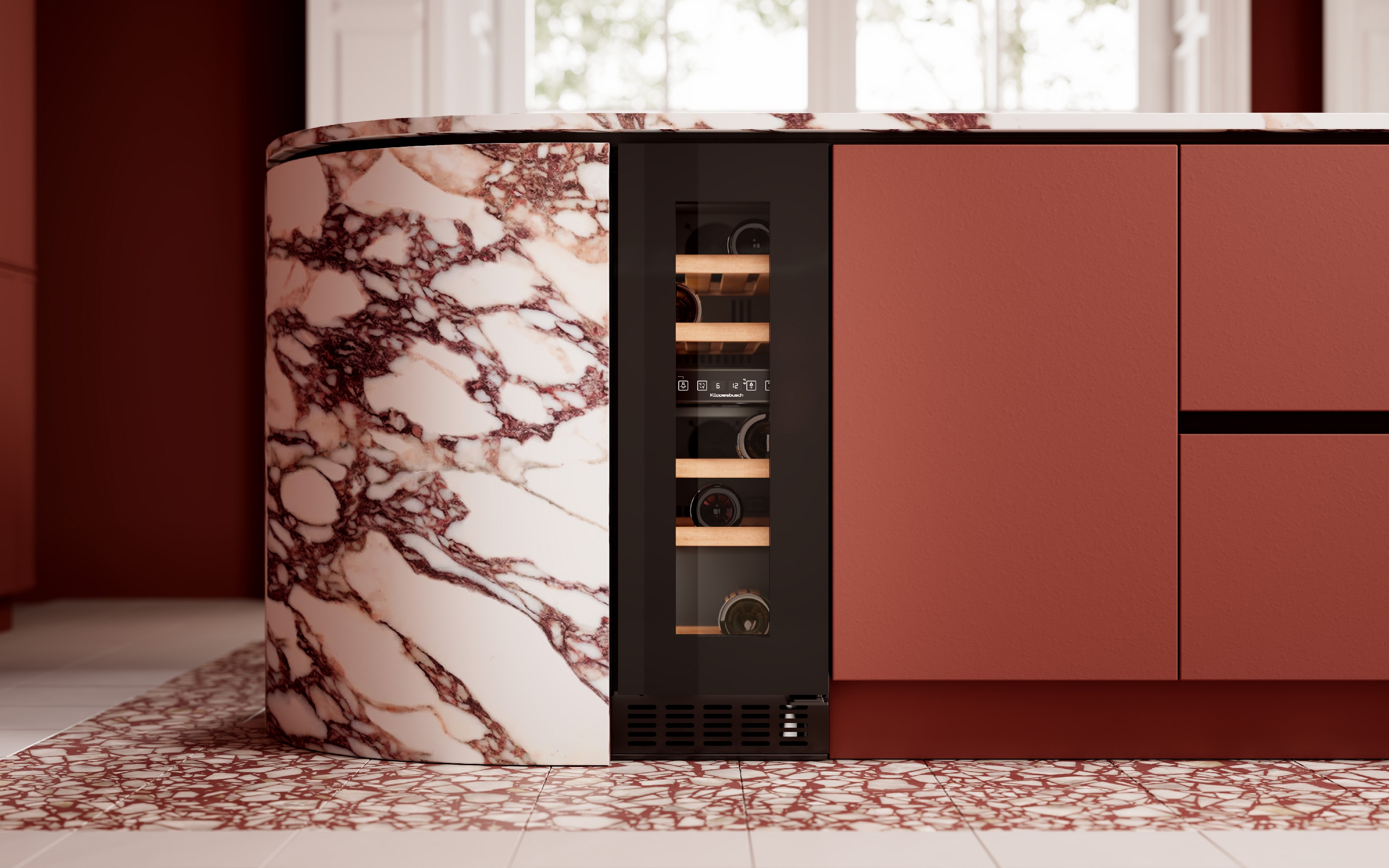 Küppersbusch Unterbau-Weinklimaschrank schmal in Kücheninsel halbrund Marmor rote Adern onixrote Küchenfront