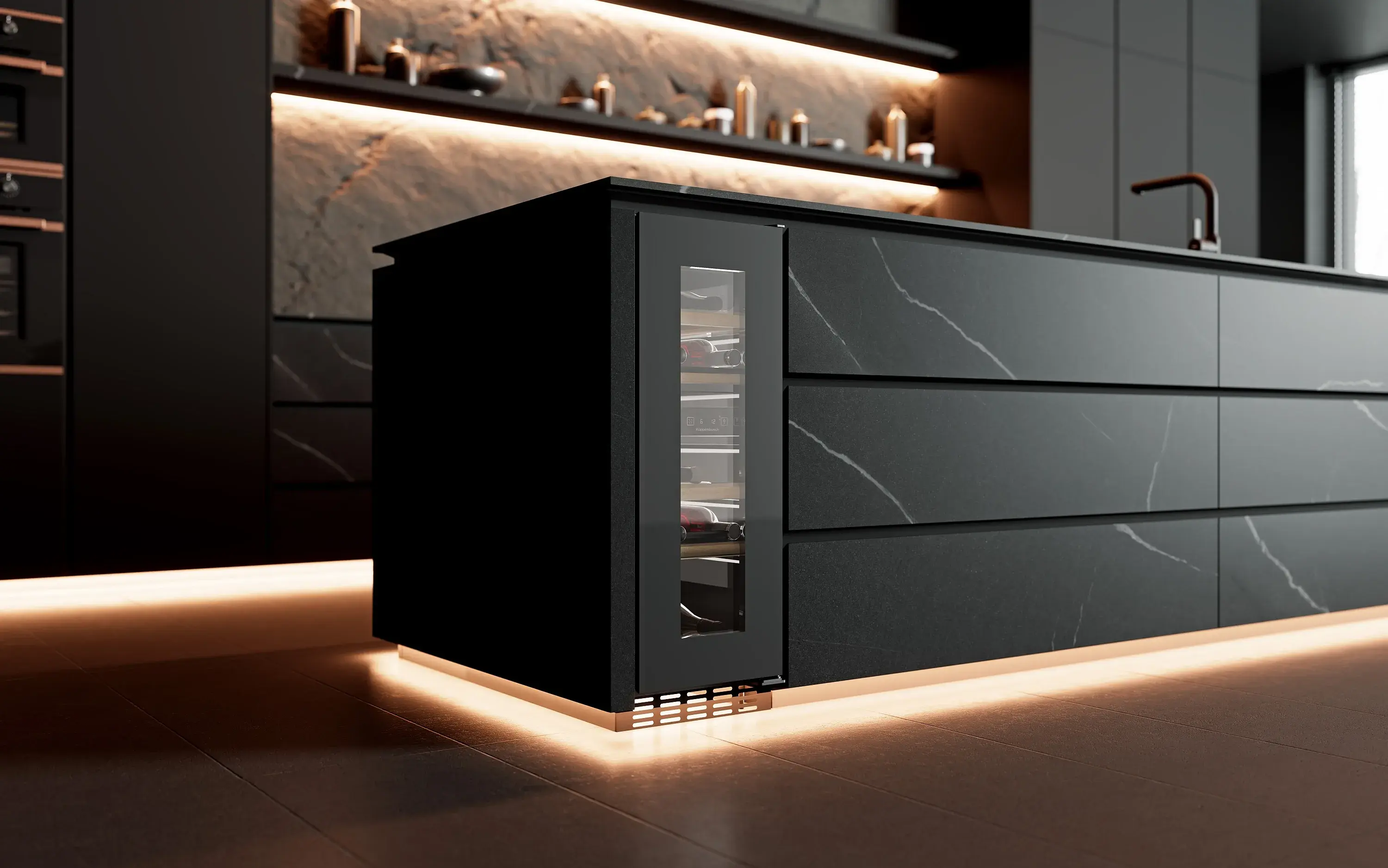 Küppersbusch Individual Einbau-Weinklimaschrank in mattschwarzer Kücheninsel mit Sockelbeleuchtung