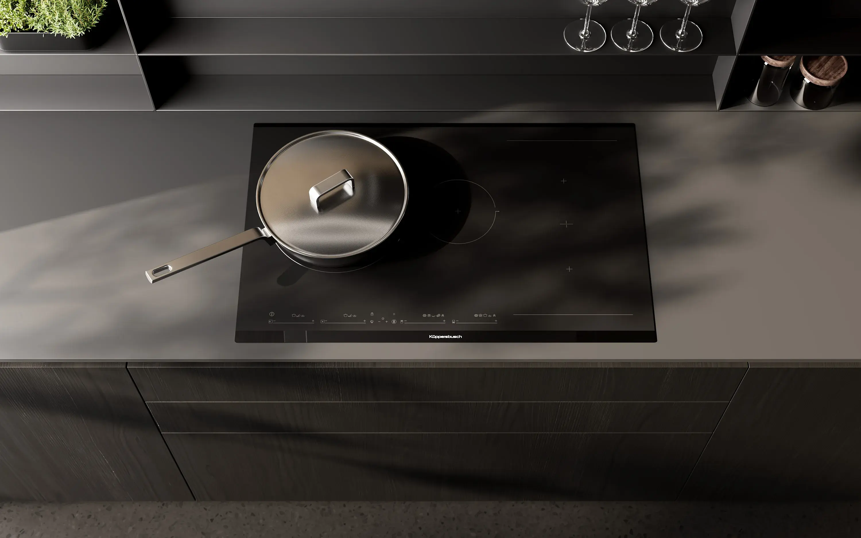 Küppersbusch Induktionskochfeld BlackMatt Design dunkelgraue Steinarbeitsplatte