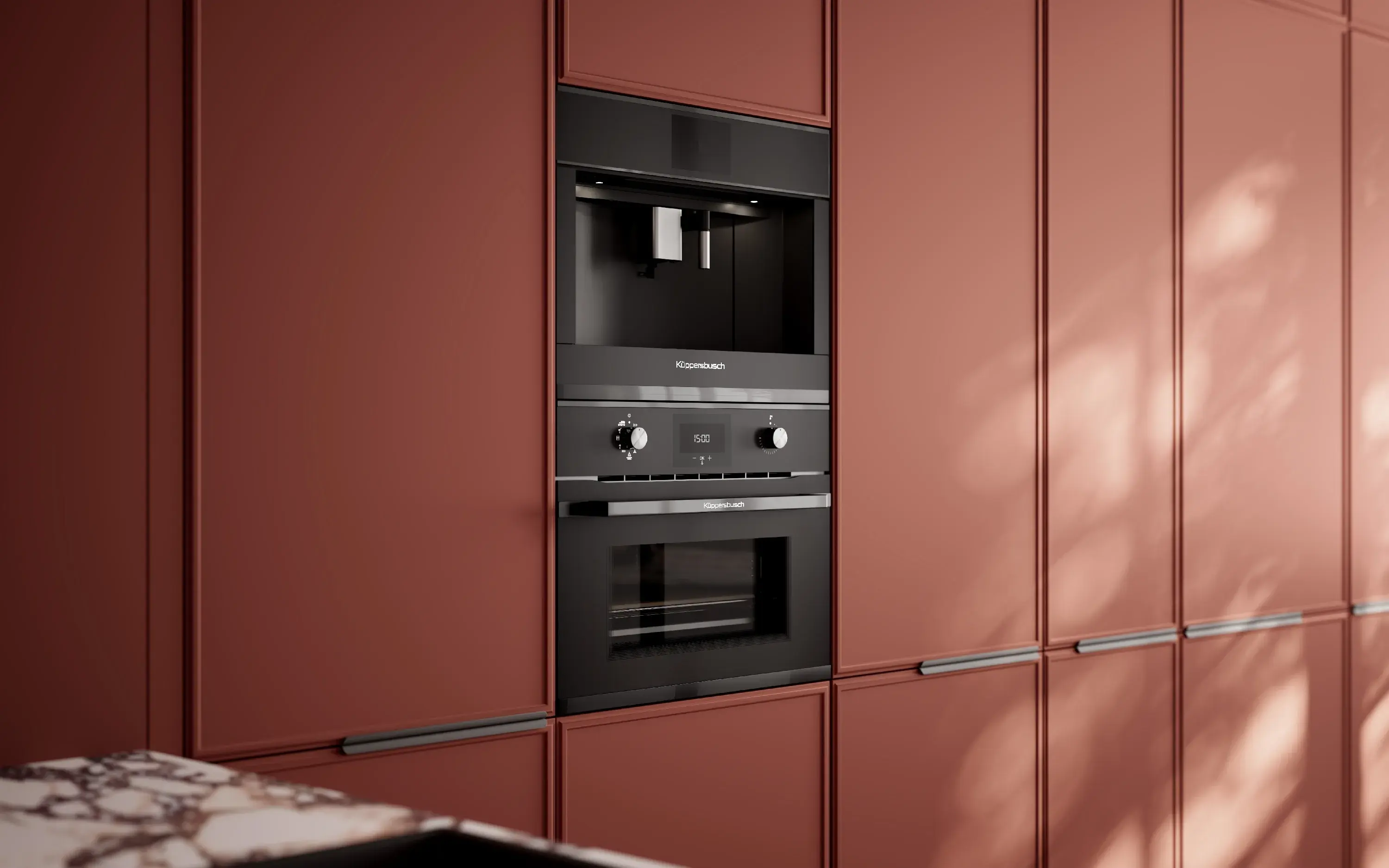 Küppersbusch Black Chrome Einbau Kaffeevollautomat Backofen onixrote grifflose Küchenfronten